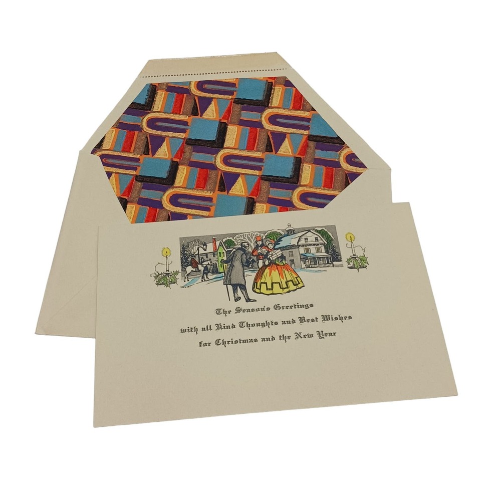 Antique Christmas Greeting Card Victorian Couple Holding Gift Unused Hand Colore